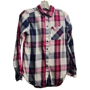 True Craft Kids Girls Plaid Button Up Long Sleeve Shirt XS‎ Pink Blue White